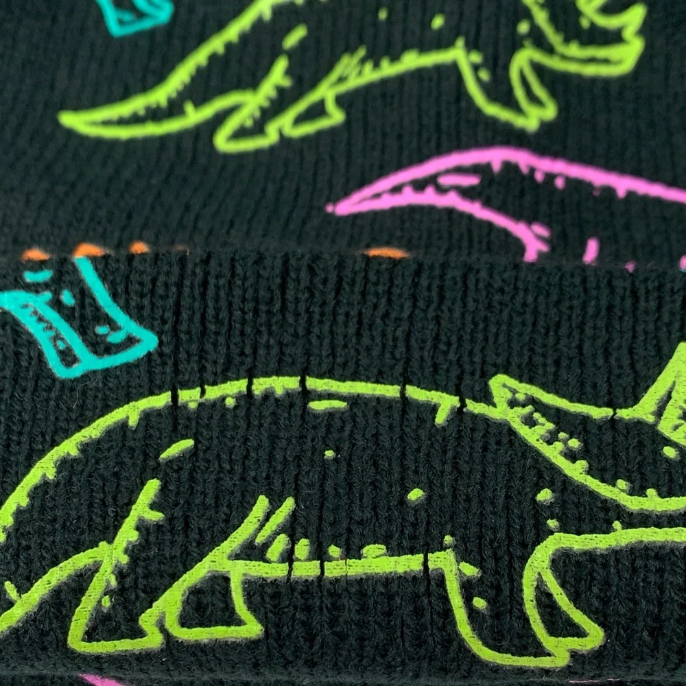 Dinosaur Adventure Kids Beanie Black Multicolor Print One Size Neon Colorful